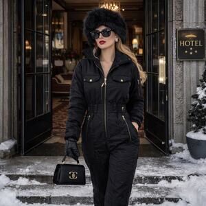 Vintage Bogner Black Ski Jumpsuit 80s 90s Après Ski Snowsuit Gold Hardware